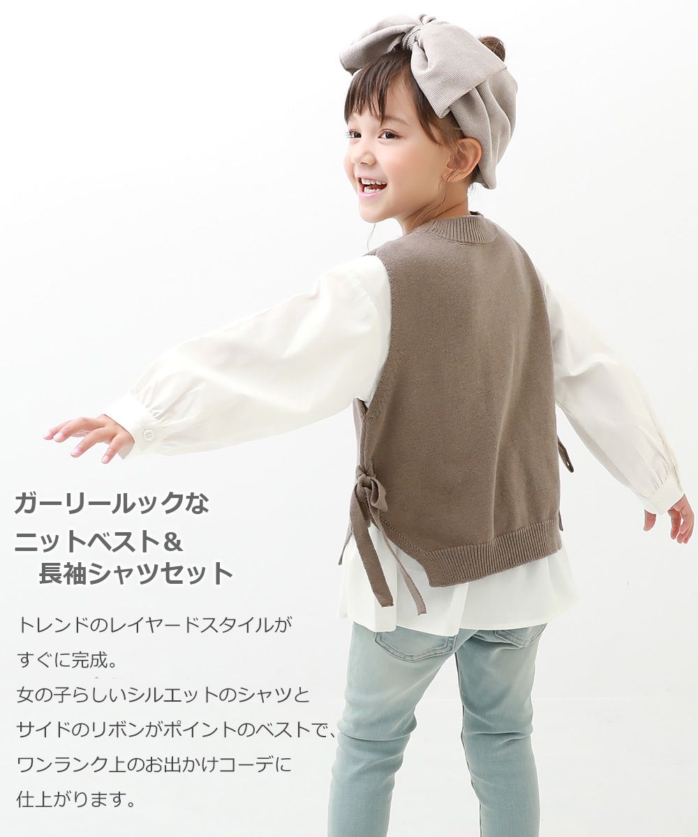 日本 devirock - 薄針織綁帶背心X長袖襯衫兩件組-淺杏