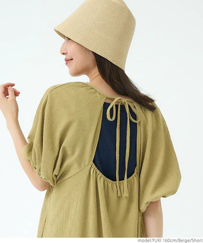 日本 COCA - 甜美後綁帶短袖洋裝-卡其