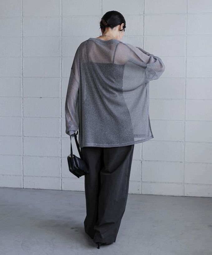 日本 Bab - 光澤閃耀透膚寬版長袖上衣-深灰