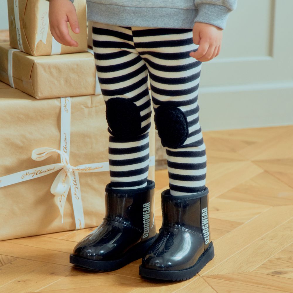 First Blue 鬆緊腰條紋彈力內搭褲-黑