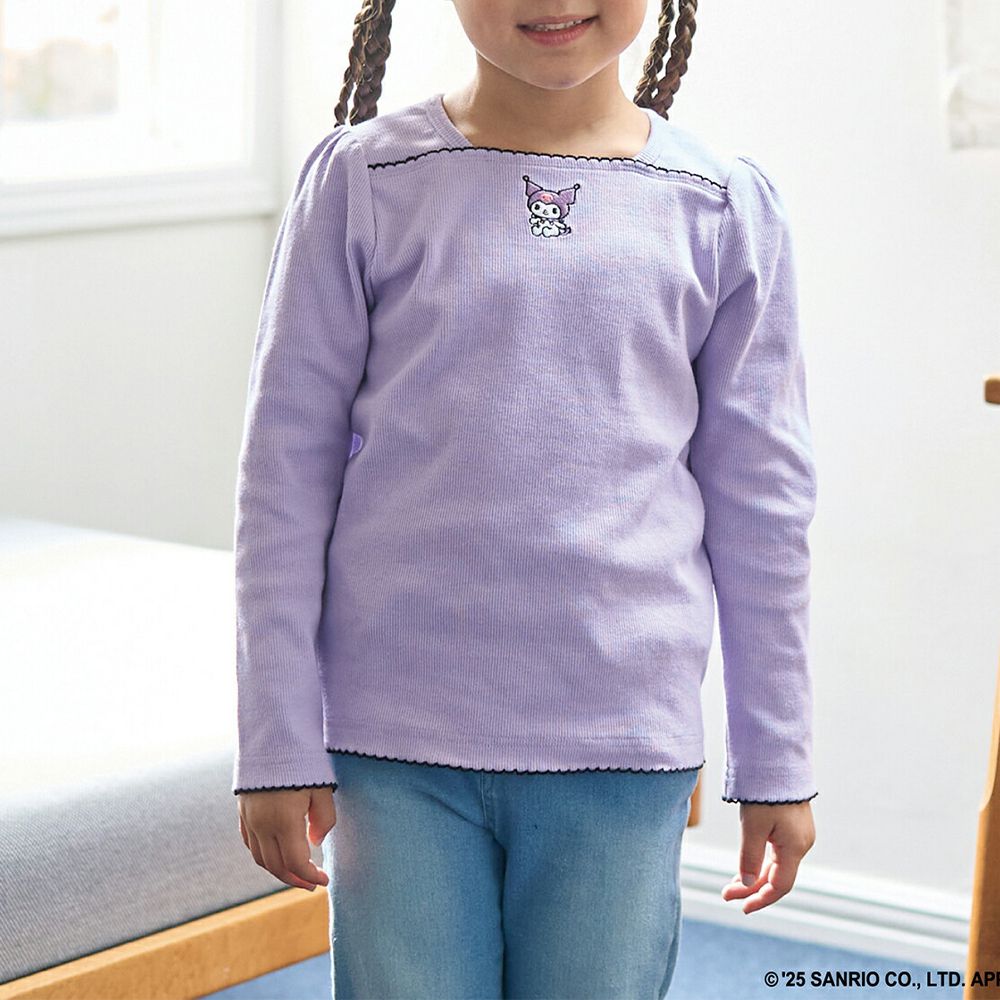 聯名款 小巧刺繡氣質方領長袖上衣-卡通人物酷洛米-紫