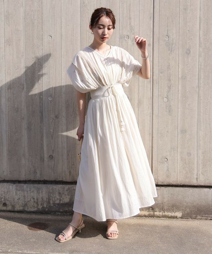 日本 Bab - 100%印度棉 素雅刺繡收腰短袖洋裝-淺紫