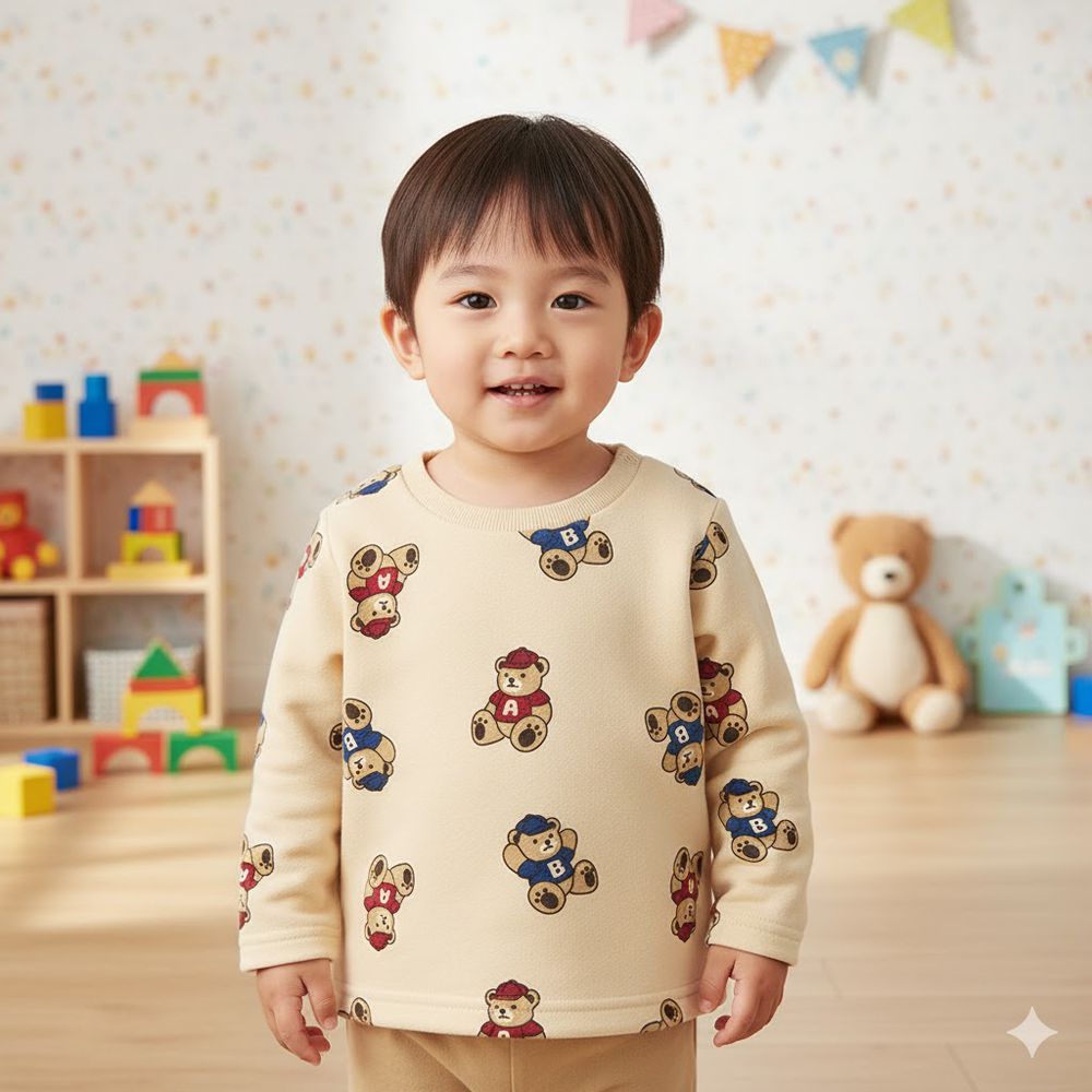 長袖休閒上衣--滿版印花-淺卡其色