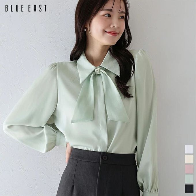 日本 BLUE EAST - 華美珍珠墜飾蝴蝶結緞面長袖襯衫-粉紅 (M)