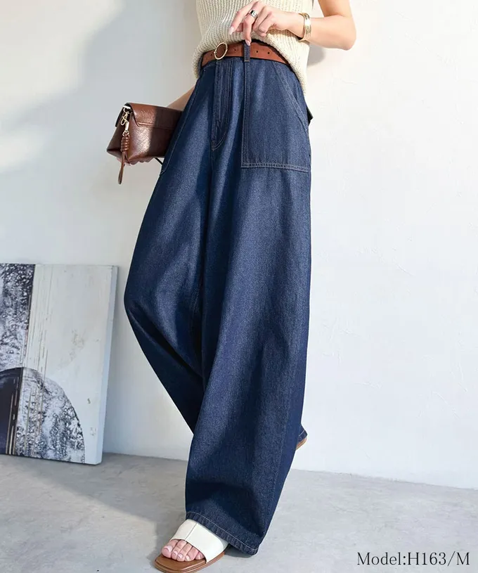 日本 Classical Elf - 圓弧修身廓形大口袋純棉丹寧褲-深藍