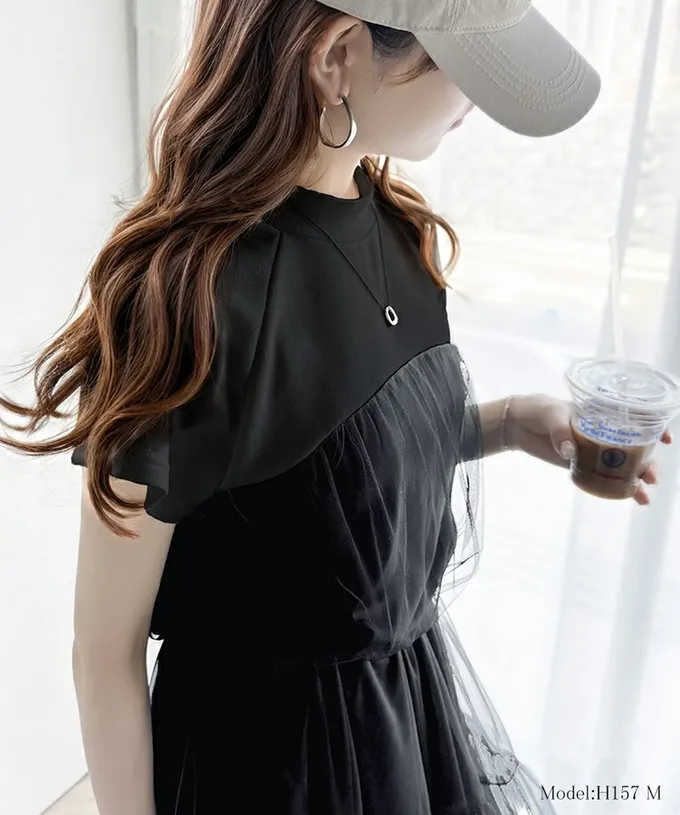 日本 Classical Elf - 顯瘦抽繩薄紗拼接法式袖洋裝-黑系