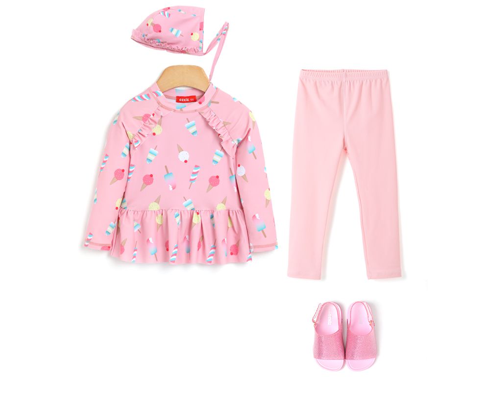 韓國 OZKIZ - 抗UV防曬兒童泳裝-三件組-甜心冰淇淋