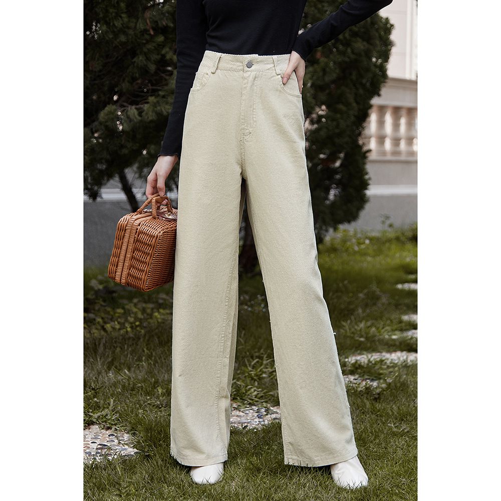 燈芯絨休閒闊腳褲-杏色