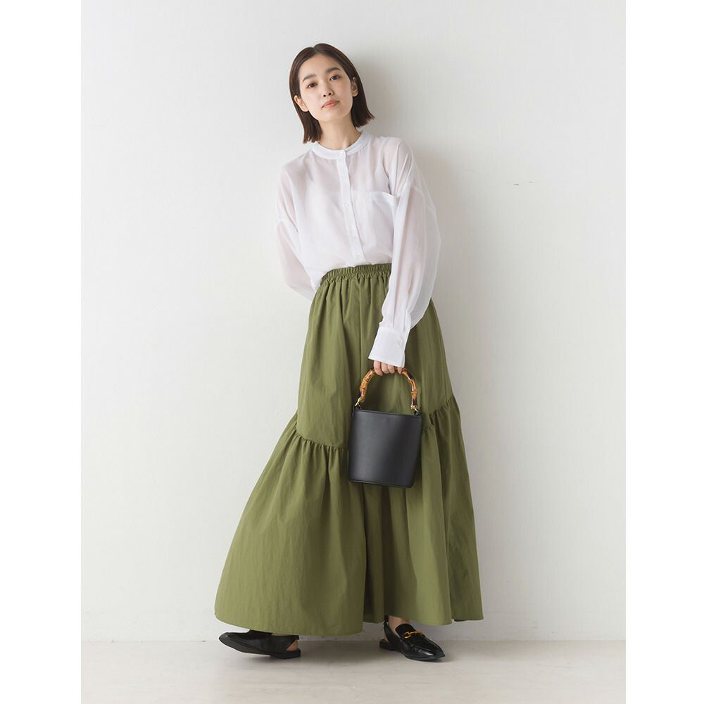 日本 OMNES - 不規則抓皺顯瘦修身長裙-卡其