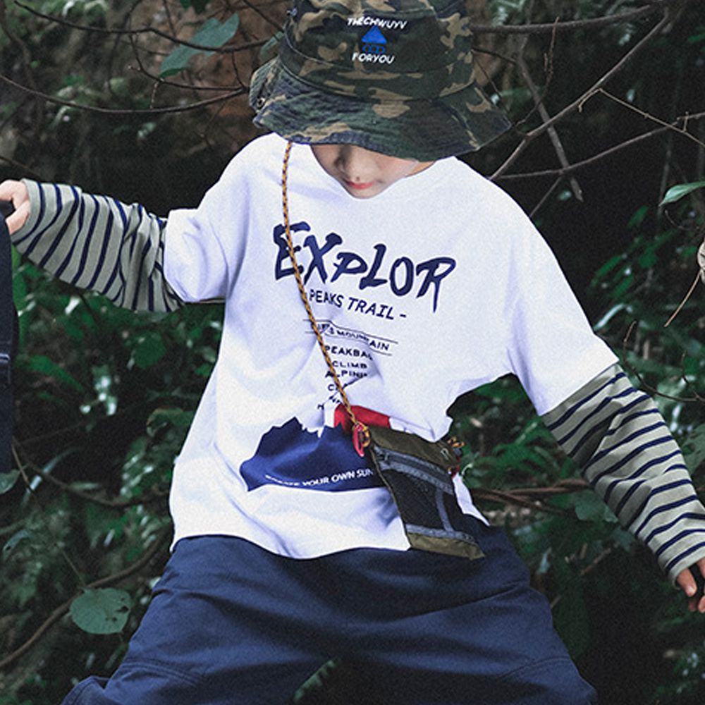 純棉圓領長袖上衣-假兩件拼袖-白色