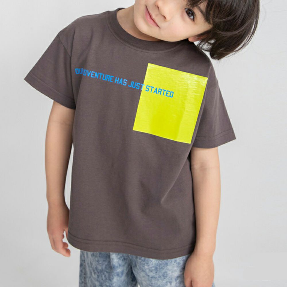 舒適棉印花短袖上衣-撞色方塊-炭灰