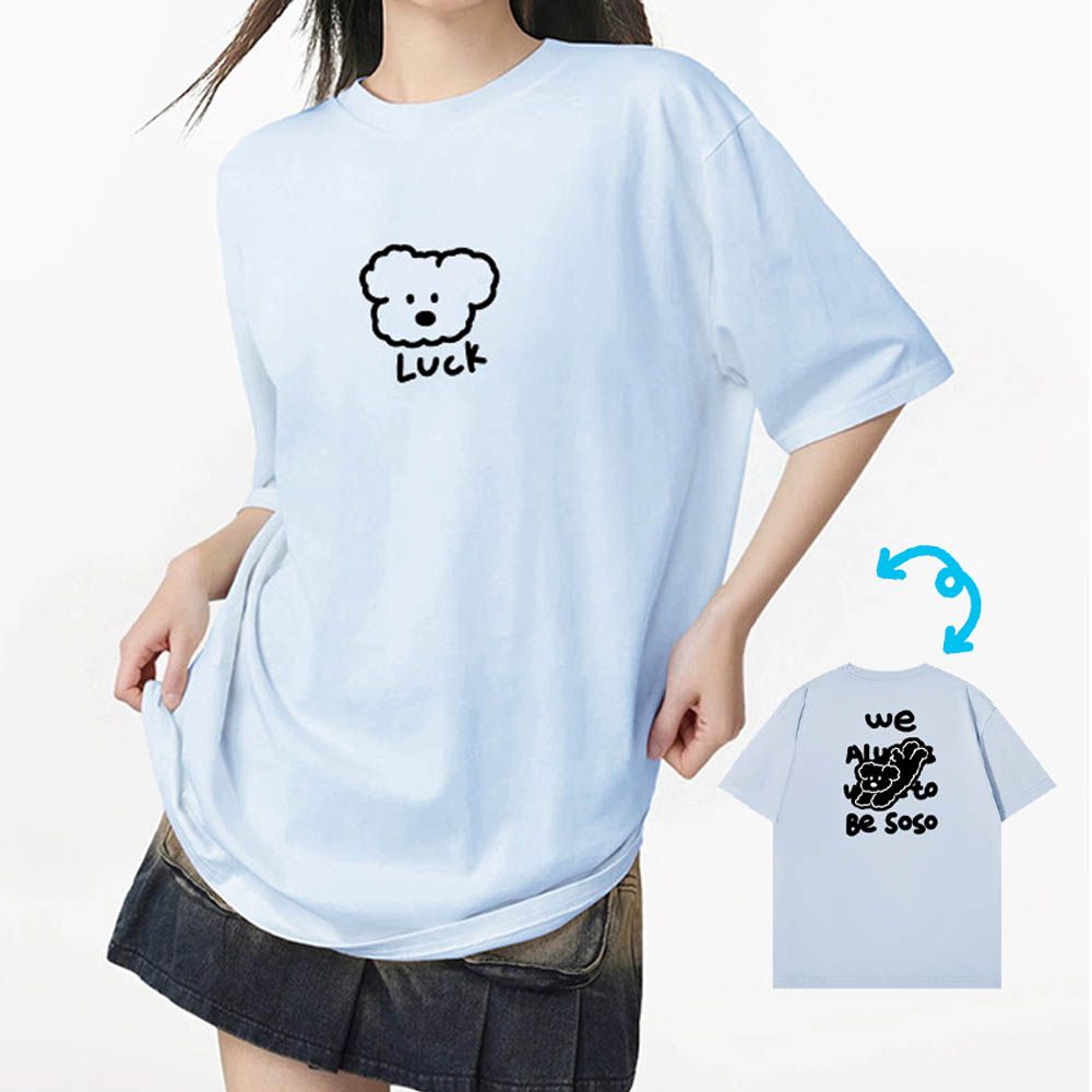 純棉寬版印花T恤-幸運小狗-藍色