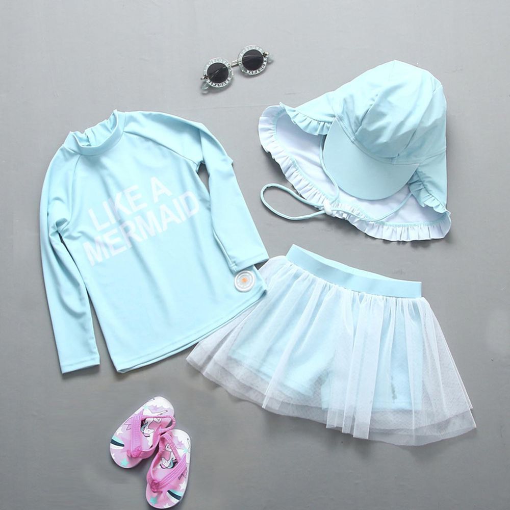 女寶長袖泳裝套裝(附帽子)-英文字母-淺藍色