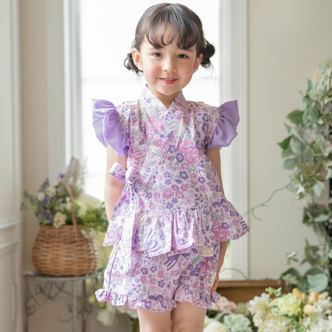 日本 Catherine Cottage - 甜美澎澎荷葉純棉二件式甚平-小花與貓-藍白