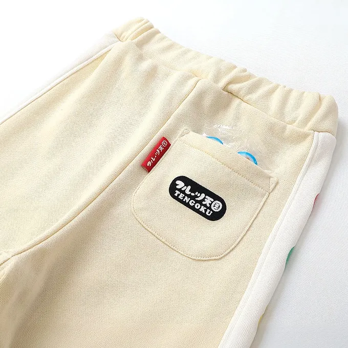 日本 ZOOLAND - 水果樂園 繽紛側邊條裏毛長褲-奶油米