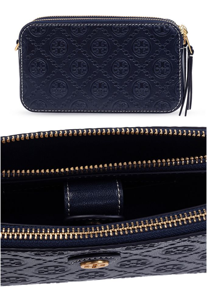 TORY BURCH - 滿版LOGO雙拉鏈皮革斜背包 (午夜藍)