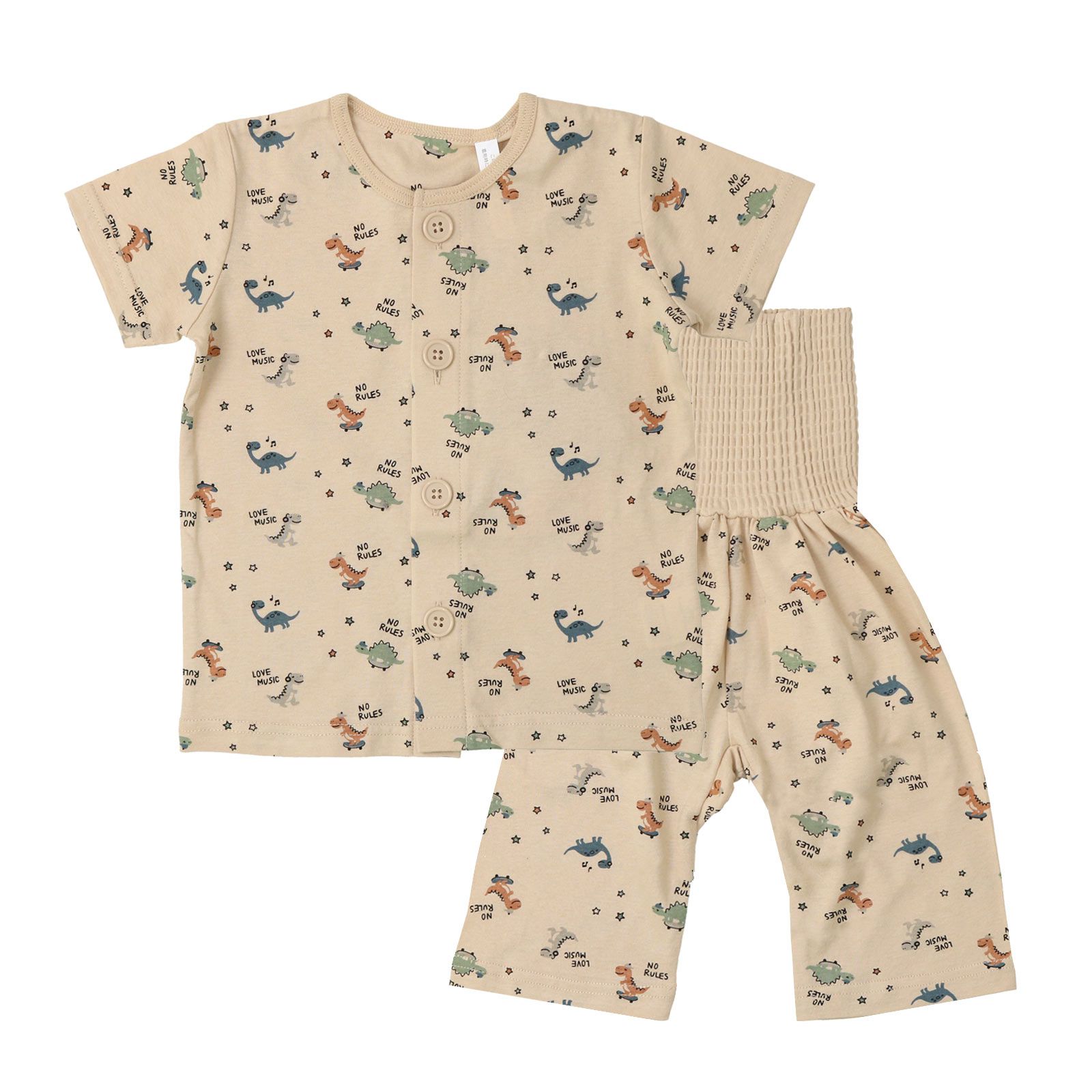 日本 ZOOLAND - 天竺棉鈕扣式腹卷短袖家居服/睡衣-小恐龍-灰綠