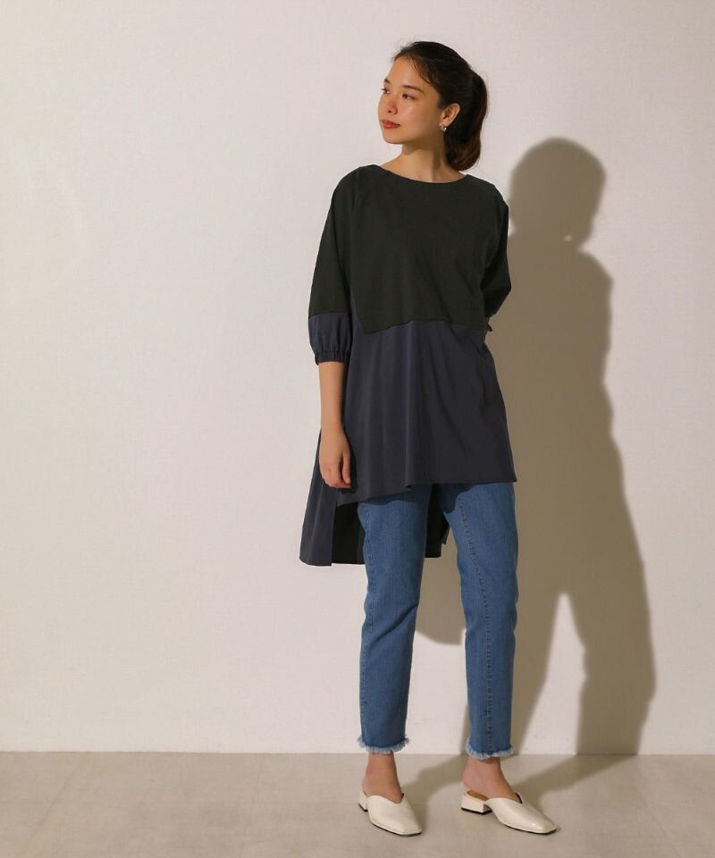 日本 Bou Jeloud - 前短後長異材質拼接七分袖上衣-杏白