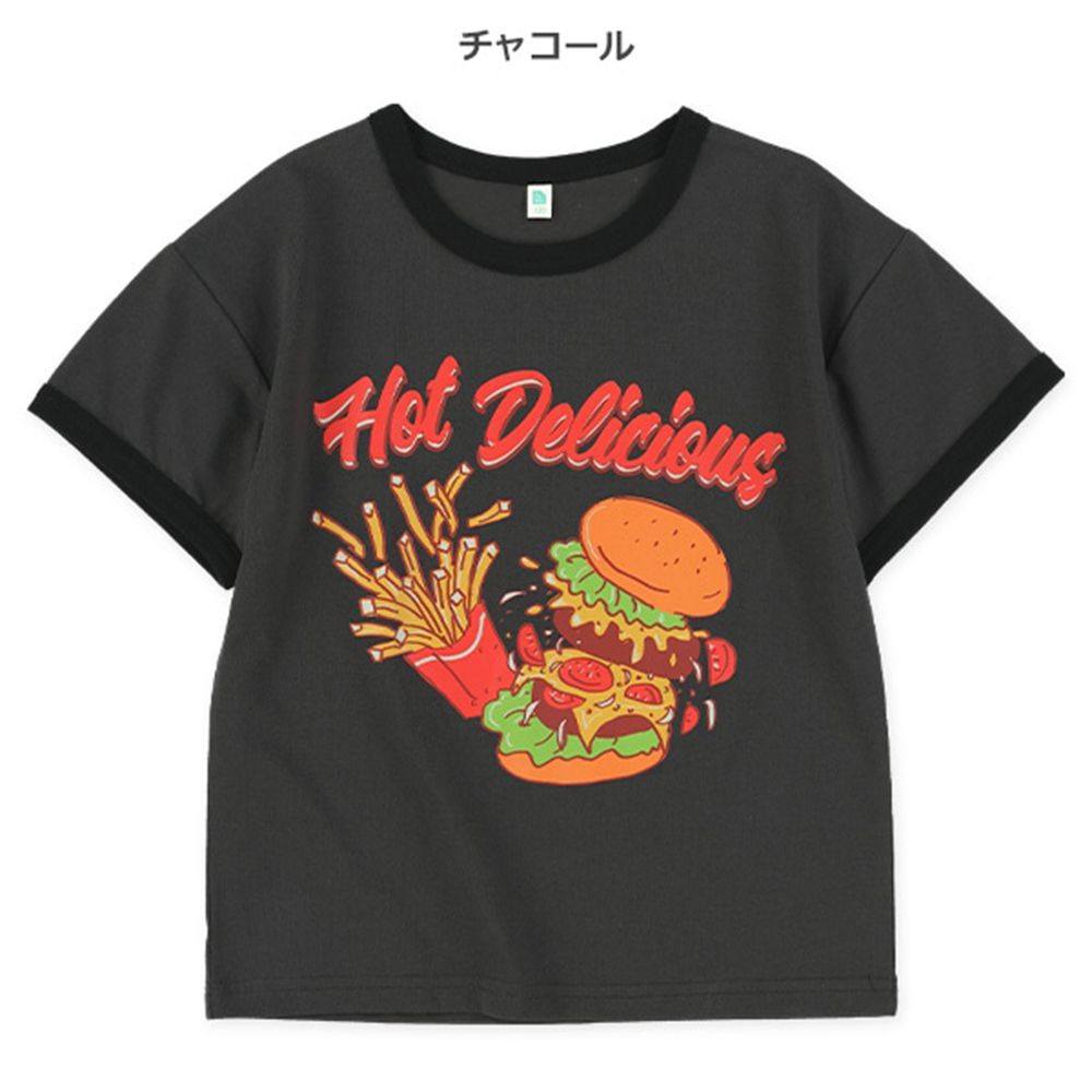 美式漢堡印花滾邊短袖上衣-炭黑