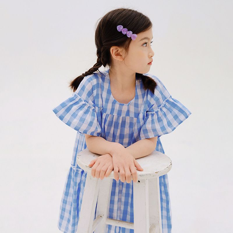 夏日風情拼接蛋糕裙洋裝-藍白格紋