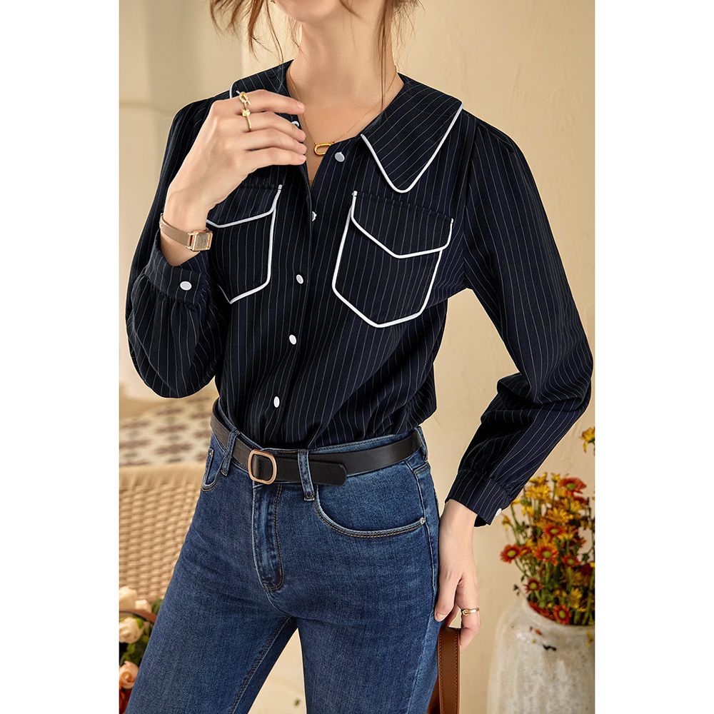 撞色包邊條紋長袖襯衫-深藍色