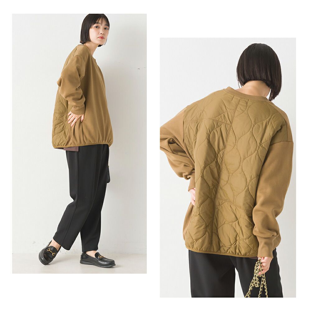 日本 OMNES - 絎縫拼接落肩長袖上衣-石墨灰