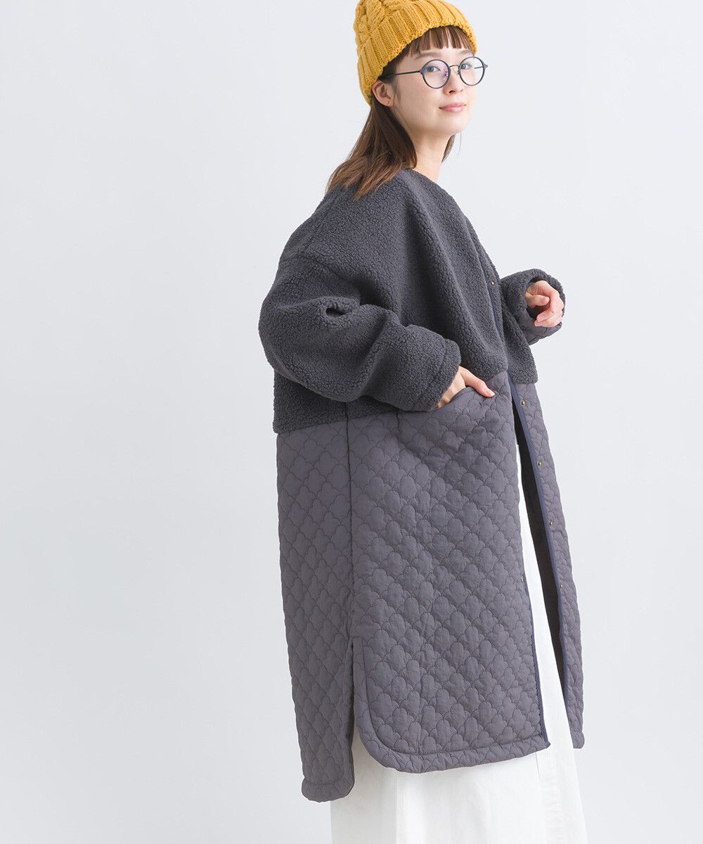 日本女裝代購 - 毛茸雲朵絎縫拼接長版鋪棉外套-軍綠