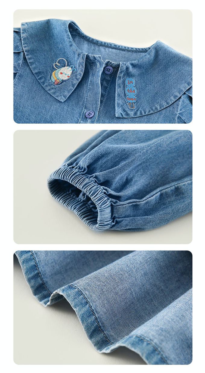 純棉百搭長袖牛仔連身裙-勤勞小蜜蜂-牛仔藍