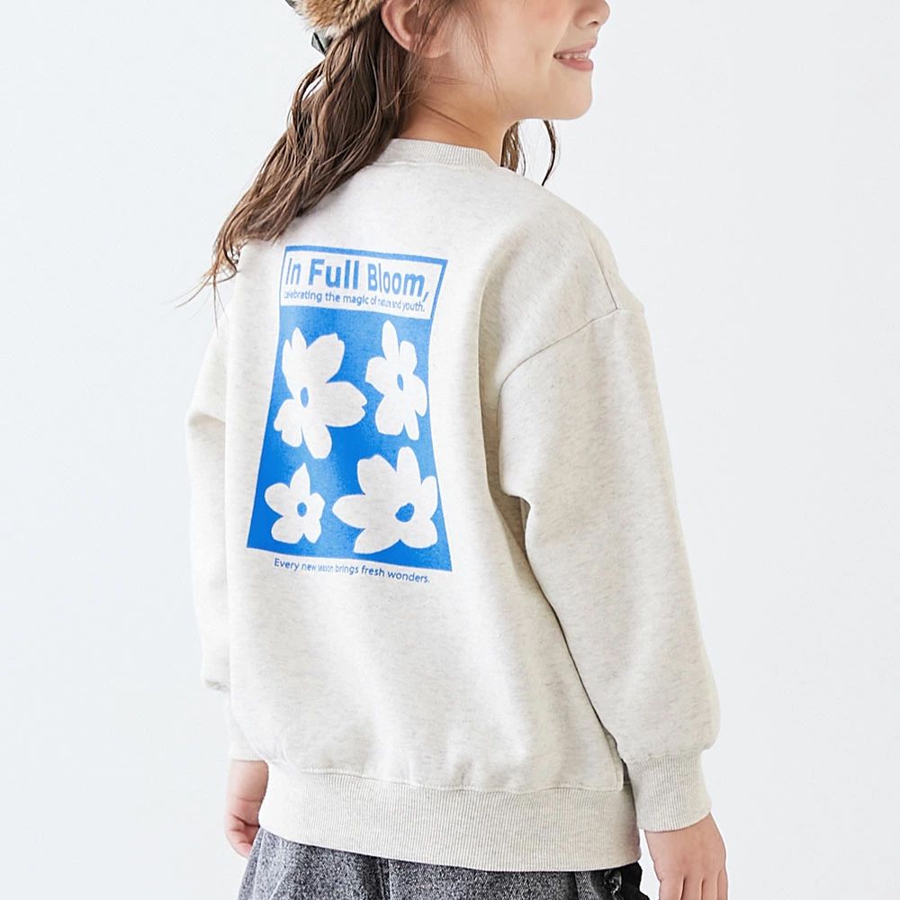 熱銷定番 裏起毛女孩印花大學長袖上衣-花朵-燕麥