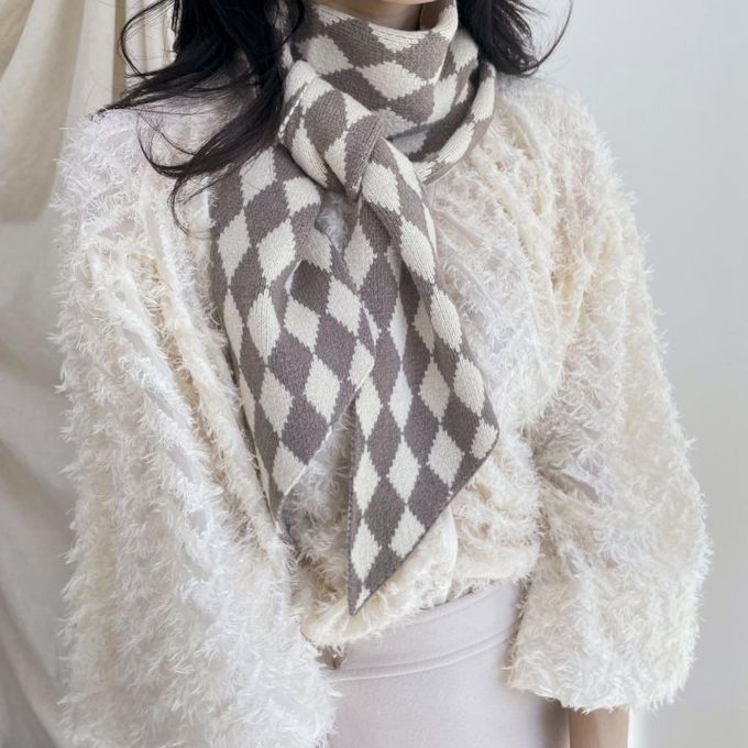 韓國 MAY - 菱形格紋雙面圍巾-灰卡其