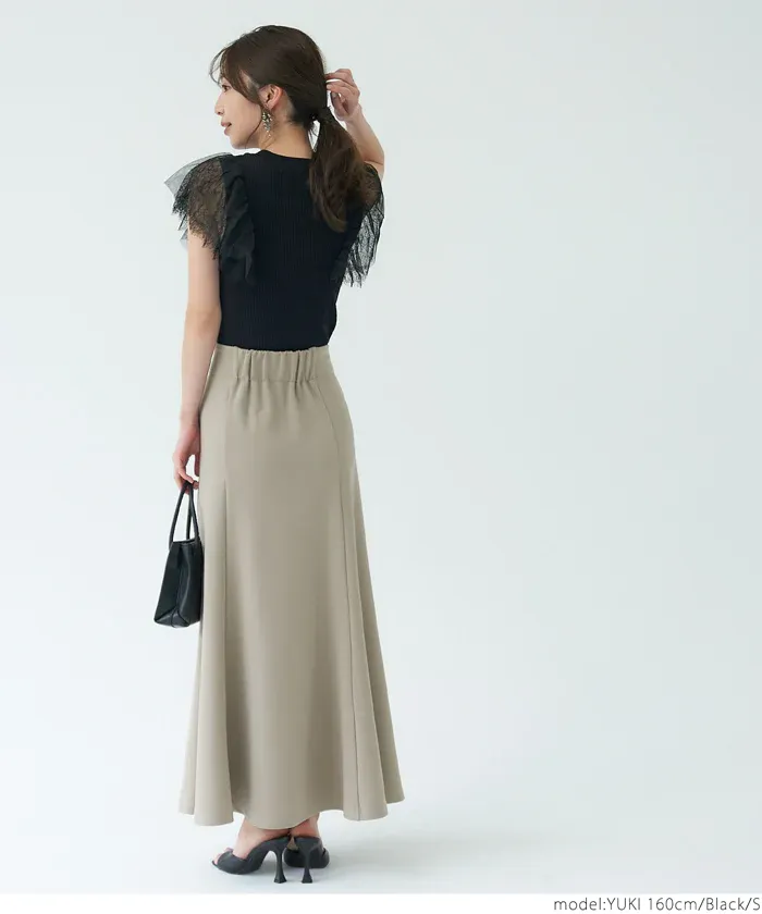 日本 COCA - 圓領坑條拼接蕾絲短袖上衣-黑