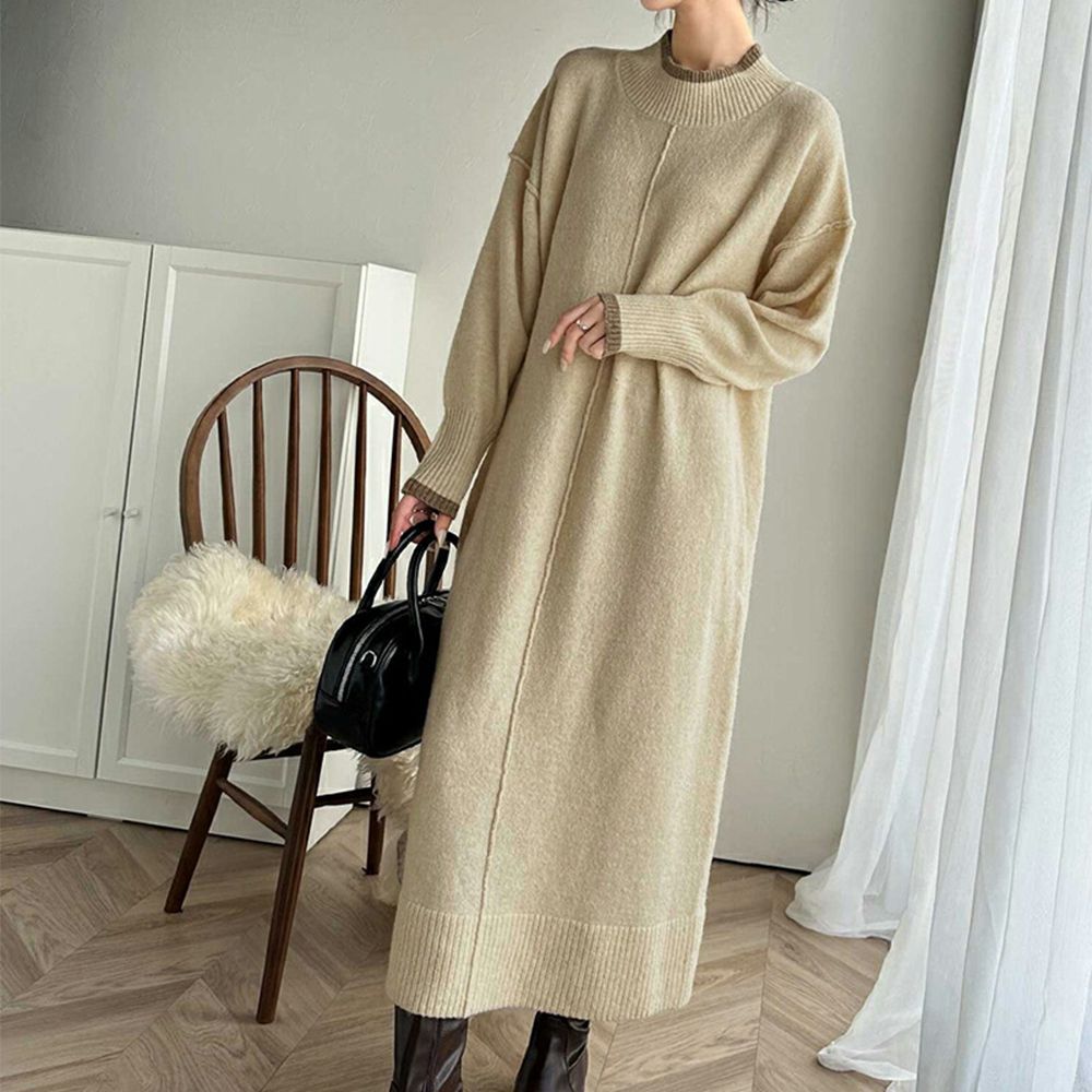 溫暖滾邊小立領優雅針織長袖洋裝-米