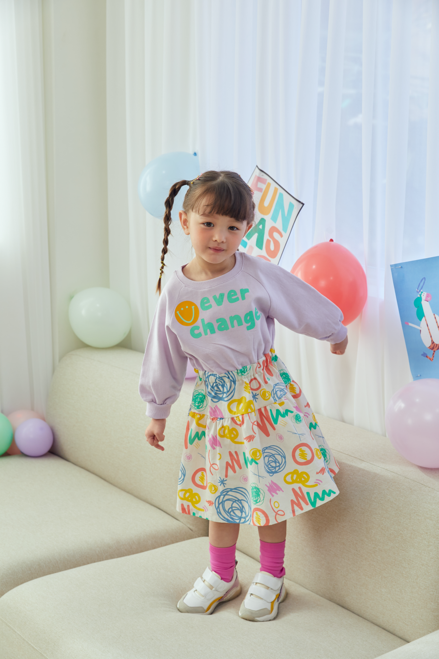 韓國 MINIATURE - 彩虹雛菊拼接縮腰洋裝-紫