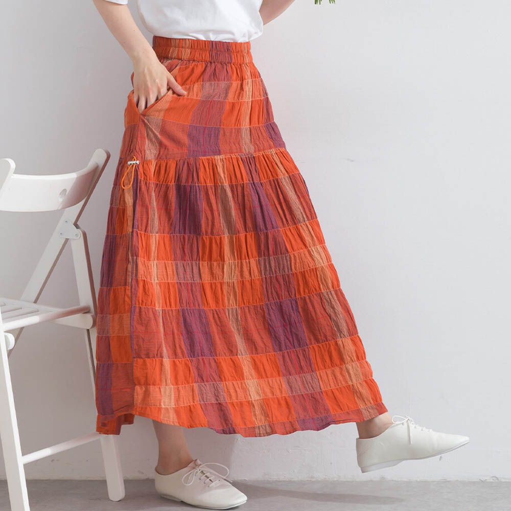 印度棉 皺皺文青格紋側抽繩長裙-橘