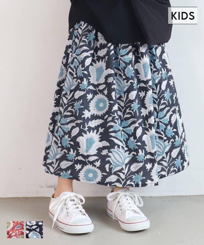 日本 COCA - 印度棉 手染印花修身長裙-孩子-黑藍