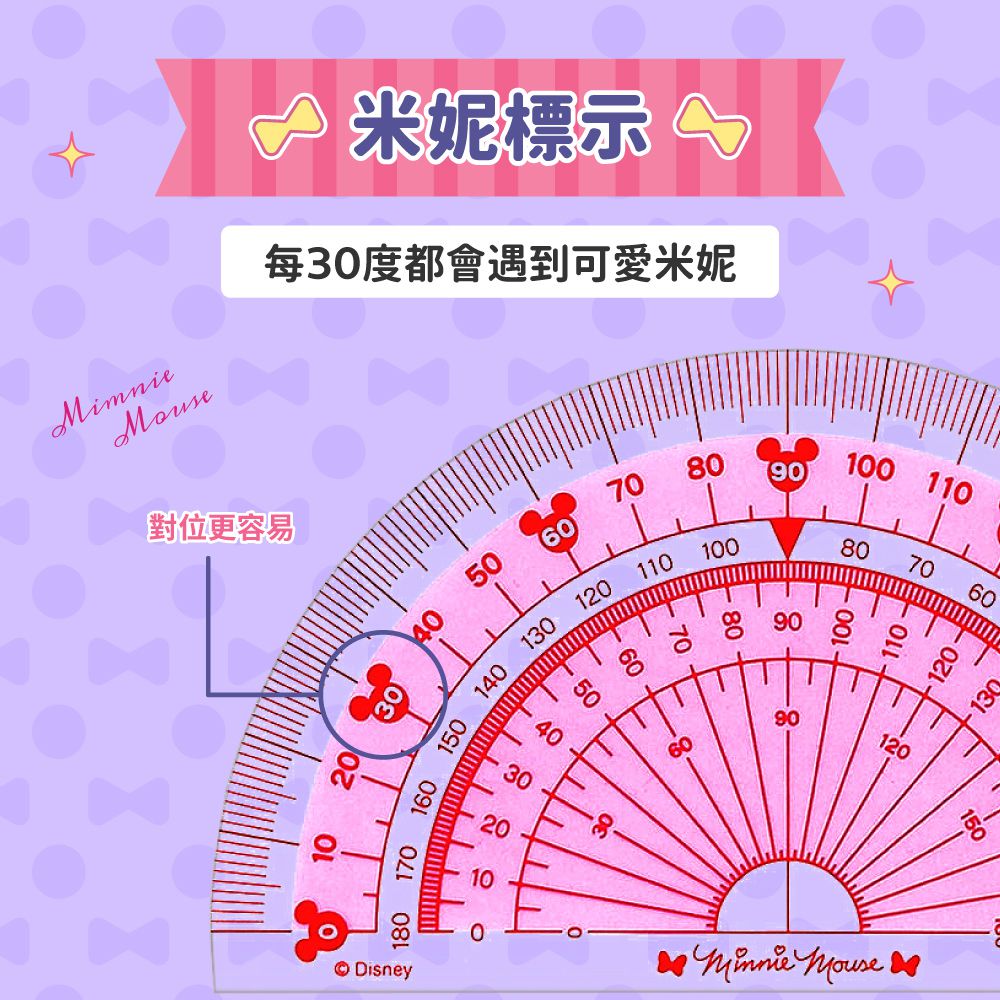 日本 SUN-STAR - 米妮快樂學習尺規組-直尺15公分+三角定規尺10公分+半圓分度器9公分+造型圓規