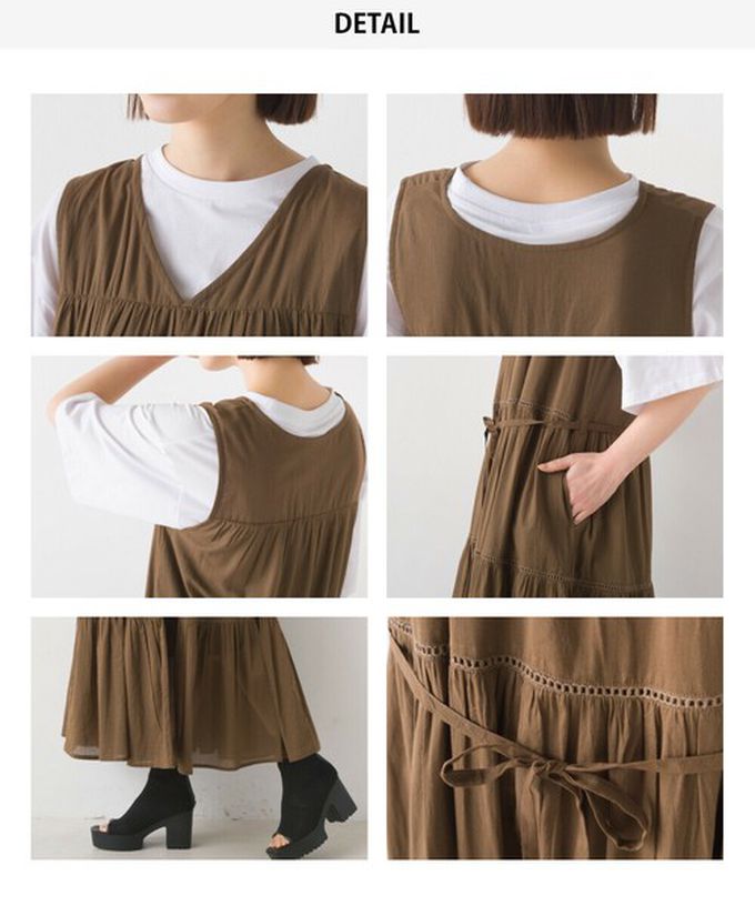 日本 OMNES - 100%印度棉 巴里紗分層V領無袖洋裝-咖啡