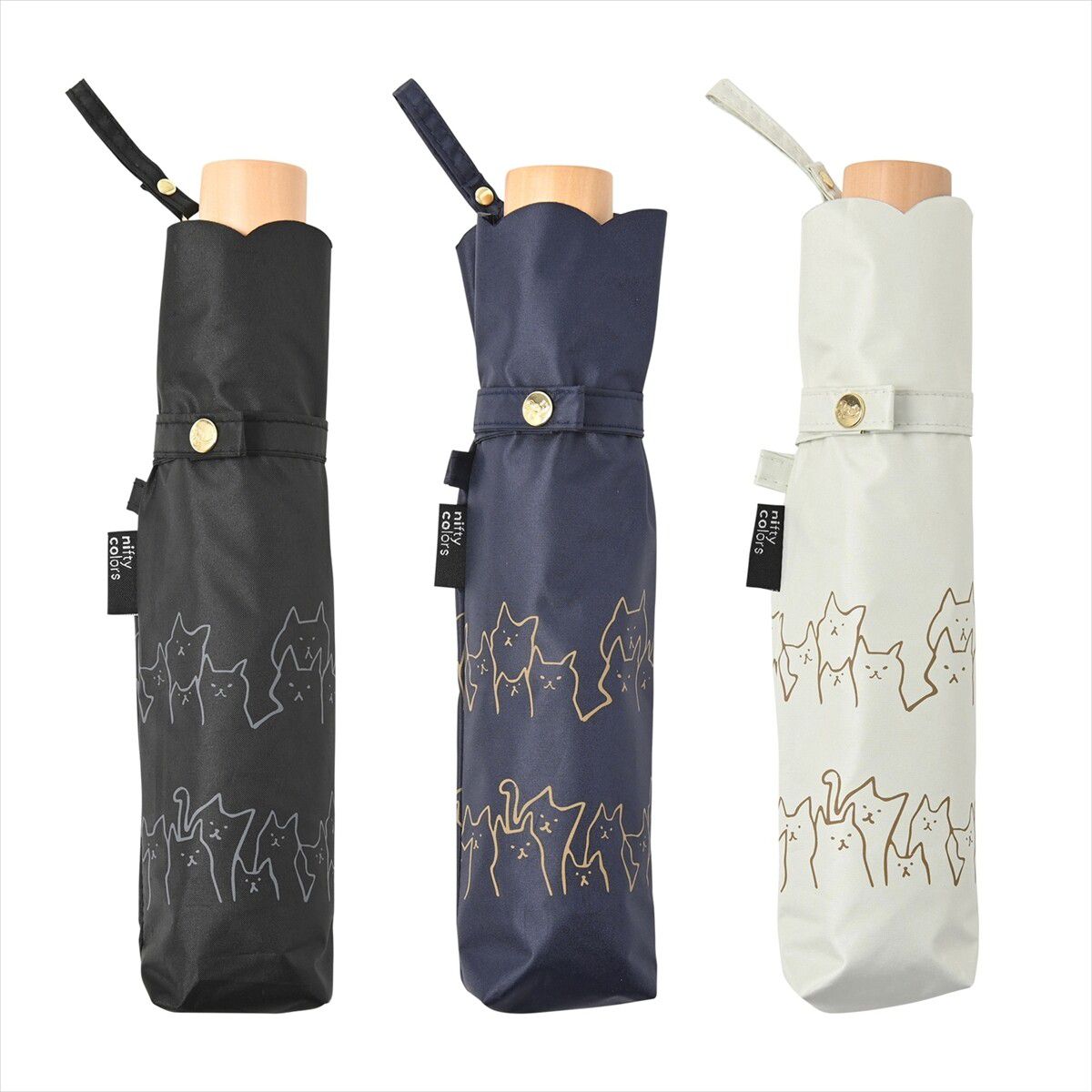 日本 nifty colors - 抗UV輕量 晴雨兩用折疊傘(遮光遮熱款)-花瓣傘面/線條貓咪-深藍 (直徑90cm/223g)-99.9%