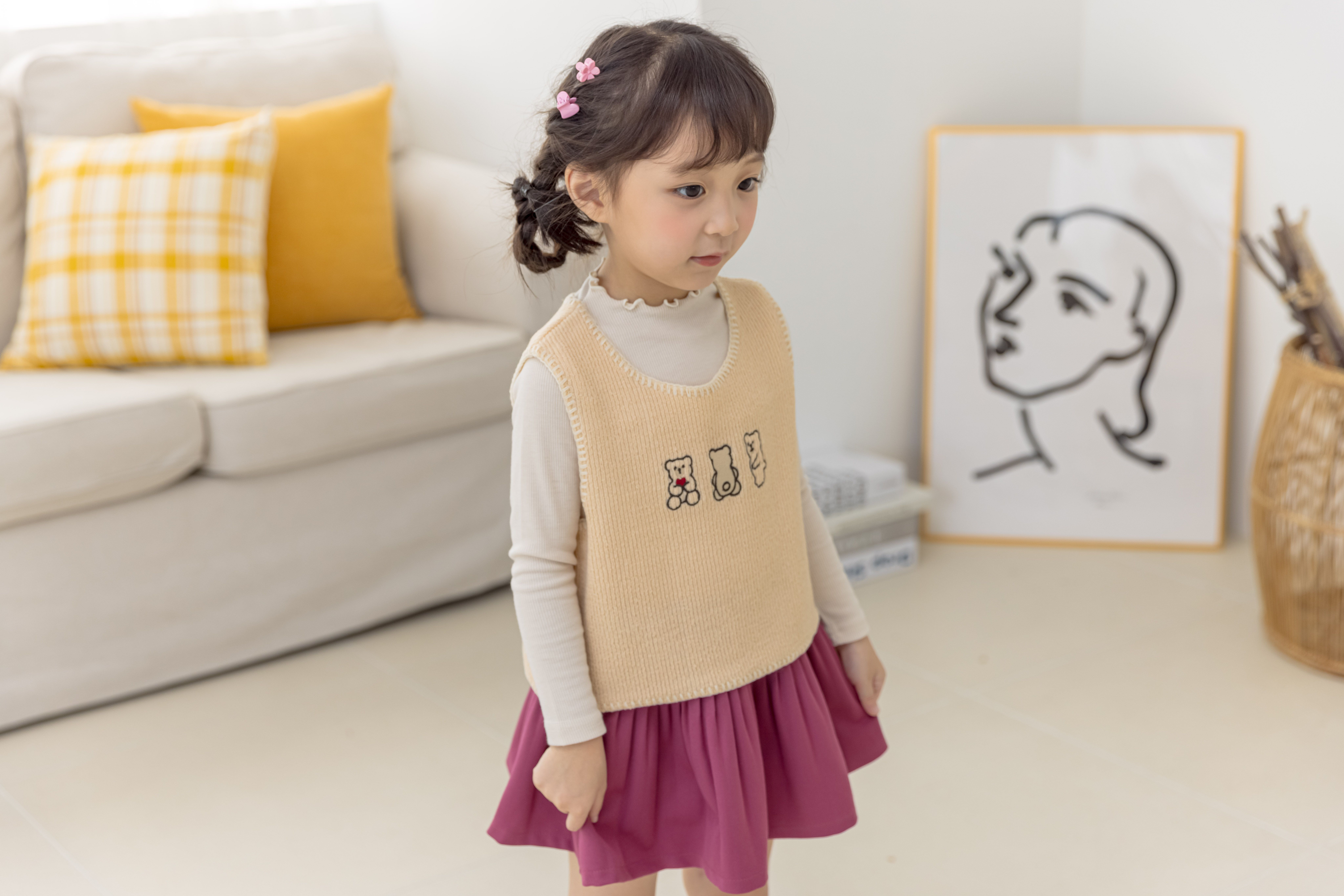 韓國 Orange Mom - 三隻小熊針織短背心-米黃