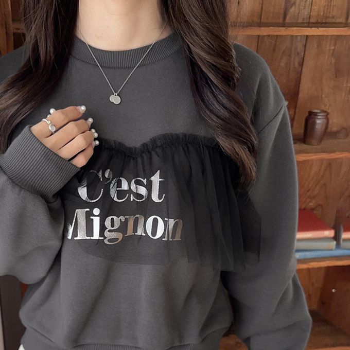 日本 Classical Elf - 胸前薄紗裏起毛休閒T恤-淺灰