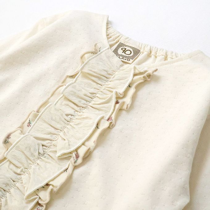 日本 ZOOLAND - 胸前層次摺邊圓領長袖上衣-緹花紋理-米白