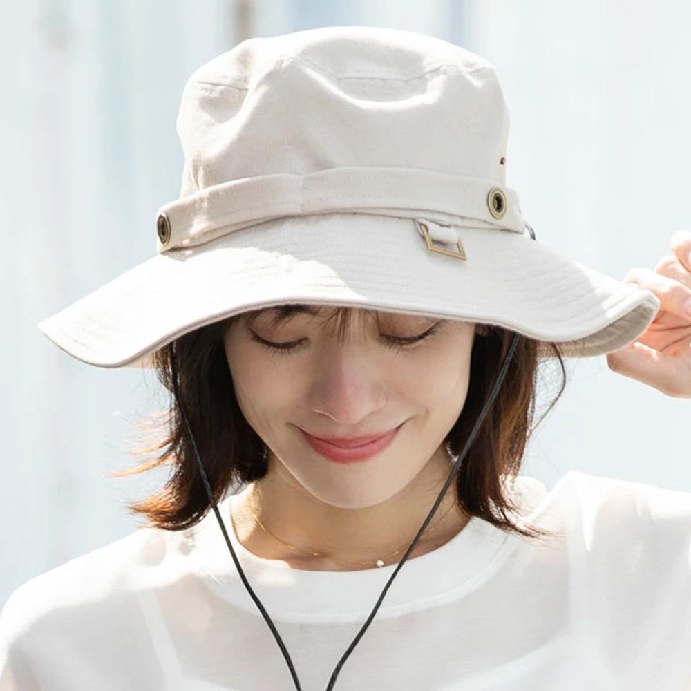 日本 irodori - 抗UV棉純厚磅漁夫帽/遮陽帽(附防風帽帶)-淺灰