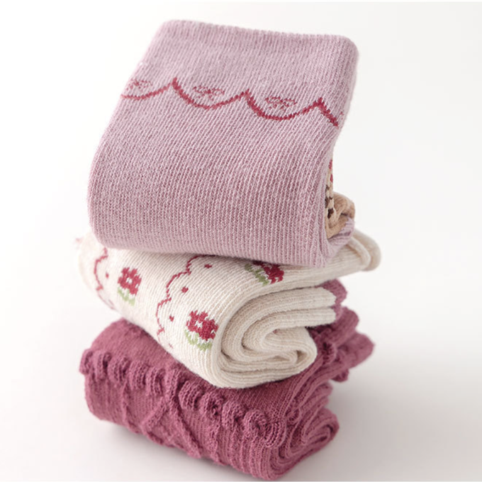 love, charlotte - 乾燥玫瑰色系田園小兔點膠室內防滑中筒棉襪-5 雙一組