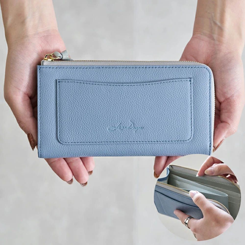 極輕巧-3cm薄型雅緻真皮長夾-藍x淺灰 (17.3x9.2cm)