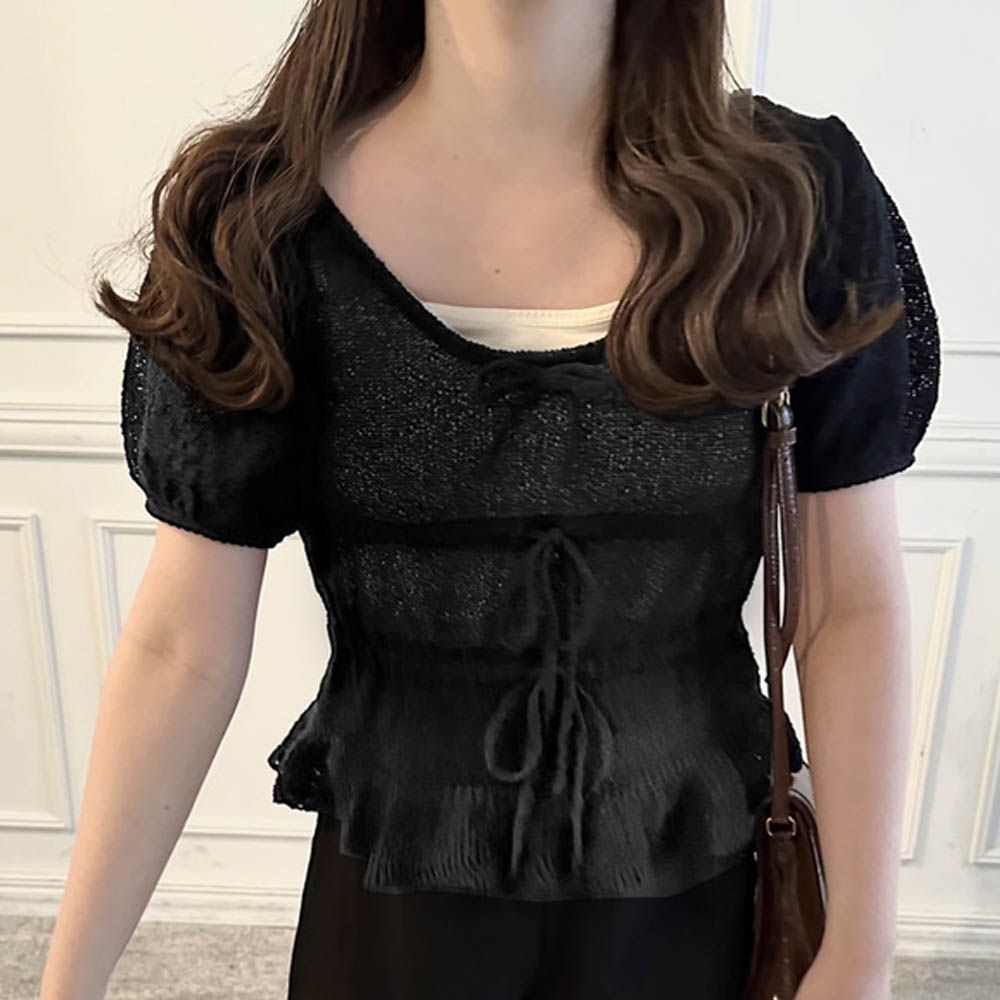 綁帶大U領透膚感薄針織短袖上衣-經典黑 (F)