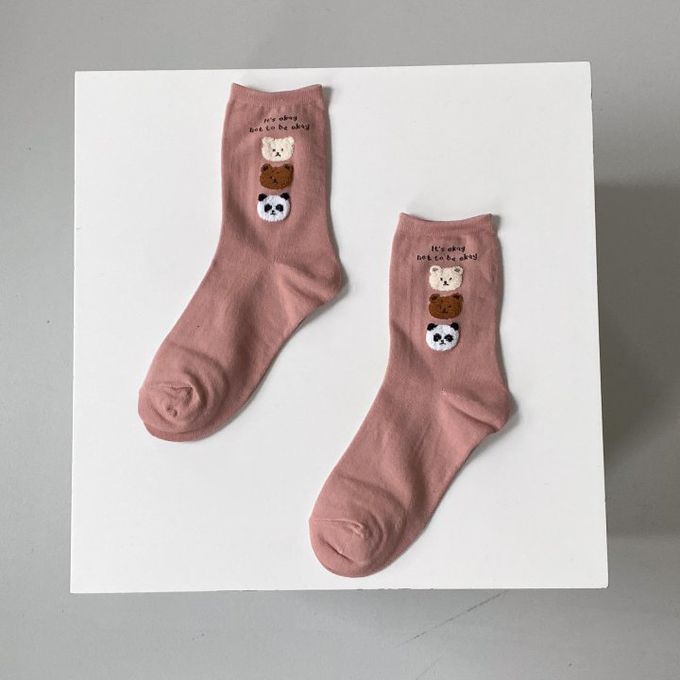 韓國Marian - 三隻毛毛熊中筒襪-棕色 (Free)