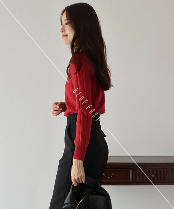 日本 BLUE EAST - 圓領粗坑條長袖針織上衣-墨綠