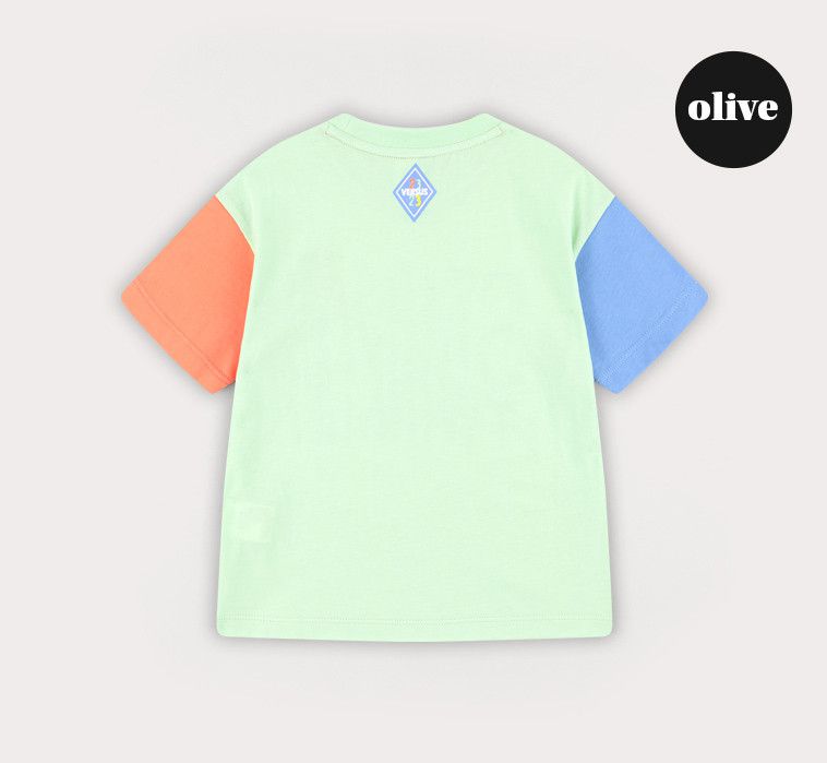 韓國 HEJMINI - 斜邊字母拼接色上衣-橄欖綠