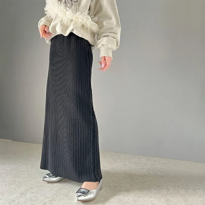 日本 Classical Elf - mily bilet 羅紋修身側流蘇針織長裙-卡其棕