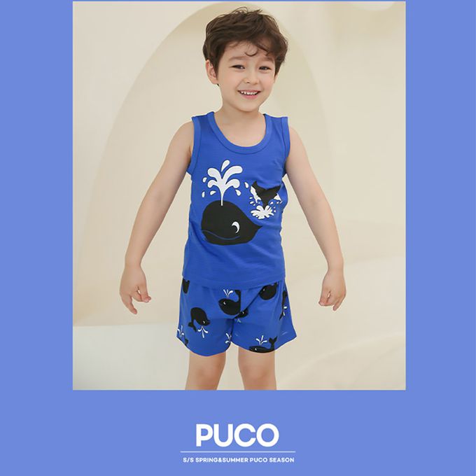 正韓 Puco - 超優質嬰幼兒/兒童無袖100% 有機棉家居服/睡衣-鯨魚噴水